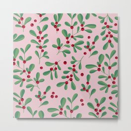 Little berries and leaves mistletoe christmas garden pattern pink green red Metal Print | Nature, Kissing, Kiss, Seasonal, Romantic, Leaves, Holidays, Pink, Trend, Leaf 