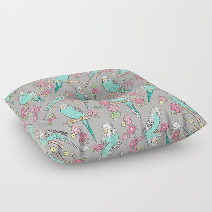 Budgie Birds With Blossom Flowers on Grey Floor Pillow