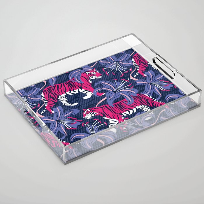 Tigers in a tiger lily garden // textured navy blue background fuchsia pink wild animals very peri flowers Acrylic Tray