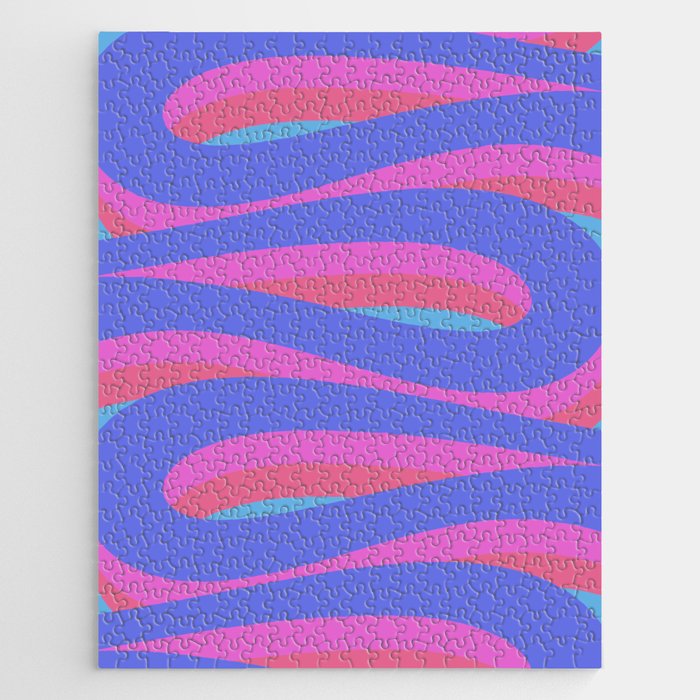 Pop Swirl Wavy Minimalist Abstract Pattern Blue and Hot Pink Jigsaw Puzzle