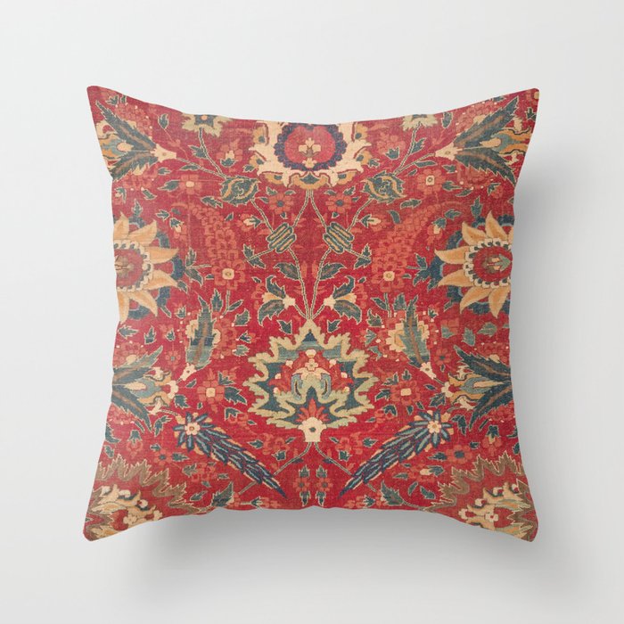 Indian Trellis I // 17th Century Ornate Medallion Red Blue Green Flowers Leaf Colorful Rug Pattern Throw Pillow