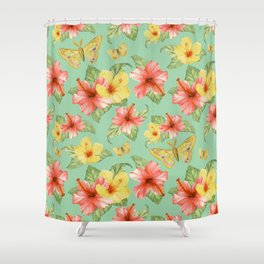 Tropical Flowers and Moths Pattern Shower Curtain