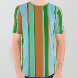 [ Thumbnail: Chocolate, Aquamarine, Sky Blue & Green Colored Stripes Pattern All Over Graphic Tee ]
