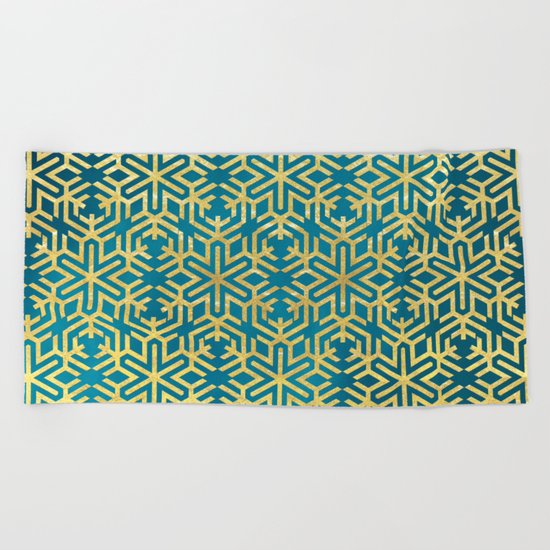 Turquoise and Gold Snowflake Pattern Beach Towel