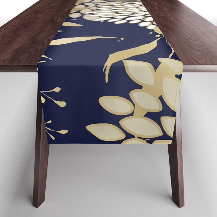 Floral Blooms and Leaves, Navy, Gold and White Table Runner
