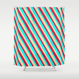 [ Thumbnail: Cyan, Pale Goldenrod & Crimson Colored Lines/Stripes Pattern Shower Curtain ]