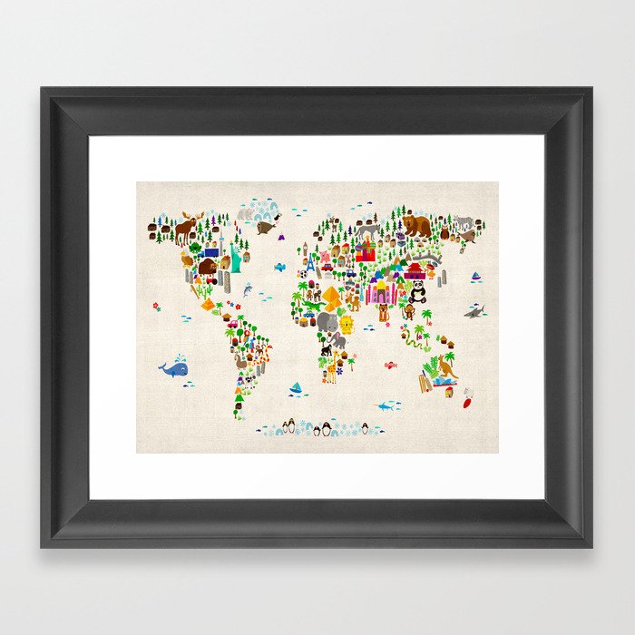 Animal Map of the World for children and kids Framed Art Print