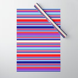 [ Thumbnail: Eye-catching Beige, Red, Dark Orchid, Sky Blue, and Dark Blue Colored Stripes/Lines Pattern Wrapping Paper ]
