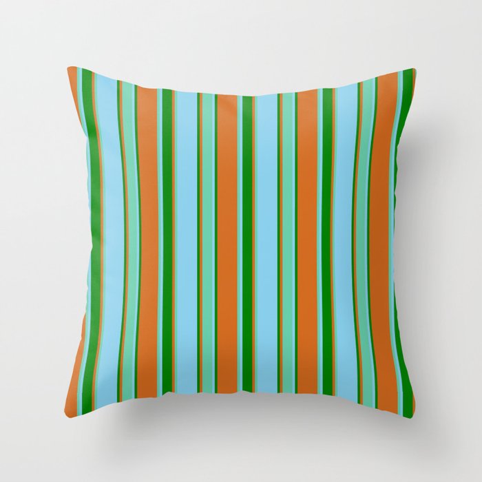 Chocolate, Aquamarine, Sky Blue & Green Colored Stripes Pattern Throw Pillow