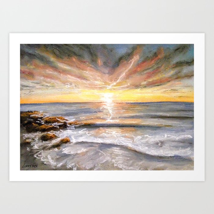 Colourful Seascape Sunset Pastel Painting Art Print By Larisacarli