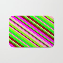 [ Thumbnail: Vibrant Fuchsia, Light Pink, Green, Lime, and Maroon Colored Pattern of Stripes Bath Mat ]
