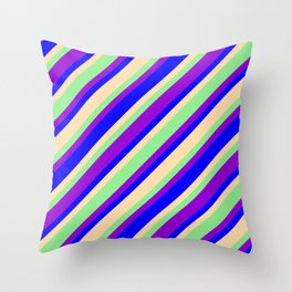 [ Thumbnail: Light Green, Dark Violet, Blue & Tan Colored Lines Pattern Throw Pillow ]