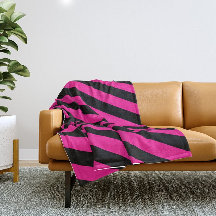 Black and Deep Pink Colored Lines/Stripes Pattern Throw Blanket