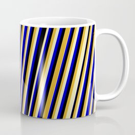 [ Thumbnail: Goldenrod, Pale Goldenrod, Blue & Black Colored Striped Pattern Coffee Mug ]