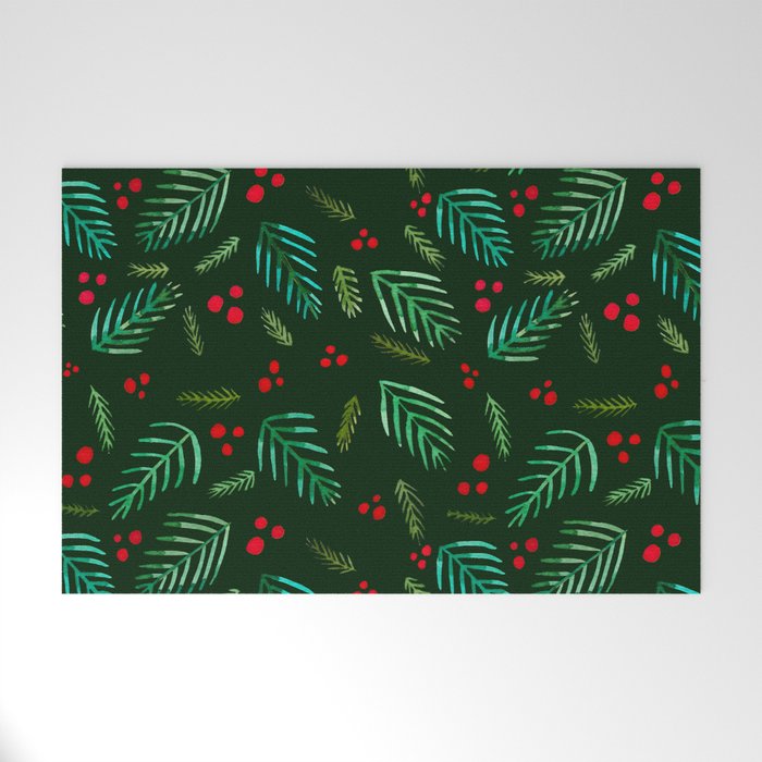 Christmas tree branches and berries - green Welcome Mat