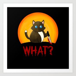 Murderous cat with knife and Yellow Moon Art Print | What, Catching Killers, Cat Knife Holder, Graphicdesign, Killer Cat, Assassin, Cat Killer, Bloody Knife, Cat With Knife, What Cat 