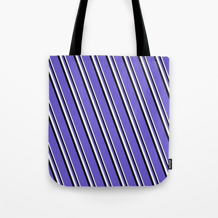White, Black & Slate Blue Colored Stripes Pattern Tote Bag