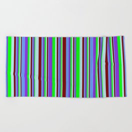 [ Thumbnail: Vibrant Maroon, Powder Blue, Lime, Purple & Cornflower Blue Colored Striped Pattern Beach Towel ]