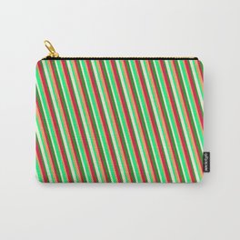 [ Thumbnail: Brown, Green, Beige, Forest Green & Crimson Colored Lined Pattern Carry-All Pouch ]