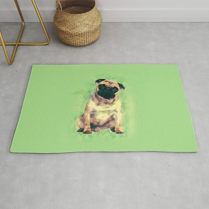Cute Pug dog on gentle green Rug