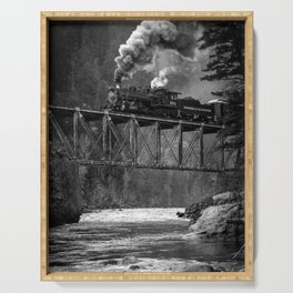 Steam Engine on a trestle river black and white photograph / art photography  Serving Tray
