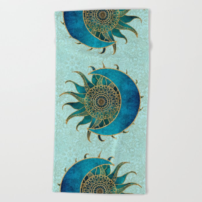 Sun And Moon Universe Celestial Art Gold And Turquoise Beach Towel