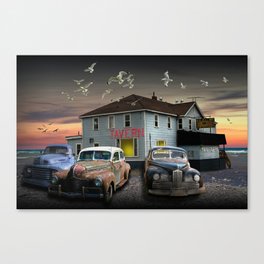 Evening at the Neighborhood Tavern on the Shore with Flying Gulls Canvas Print