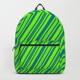 [ Thumbnail: Chartreuse & Teal Colored Stripes/Lines Pattern Backpack ]