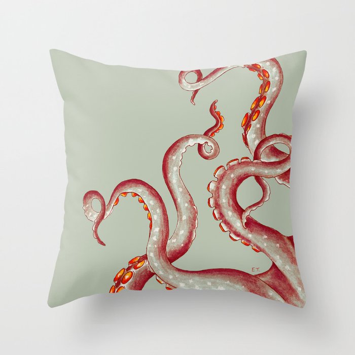 Coral Red Tentacles On Green-ish Beige Ink Throw Pillow