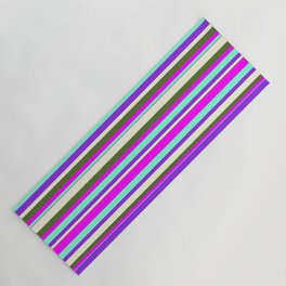 [ Thumbnail: Vibrant Aquamarine, Purple, Beige, Dark Olive Green & Fuchsia Colored Stripes Pattern Yoga Mat ]