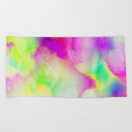 Abstract Artistic Neon Pink Teal Yellow Watercolor Paint Bokech Beach Towel