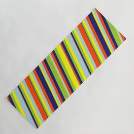 [ Thumbnail: Eye-catching Green, Yellow, Light Blue, Red & Midnight Blue Colored Lines/Stripes Pattern Yoga Mat ]