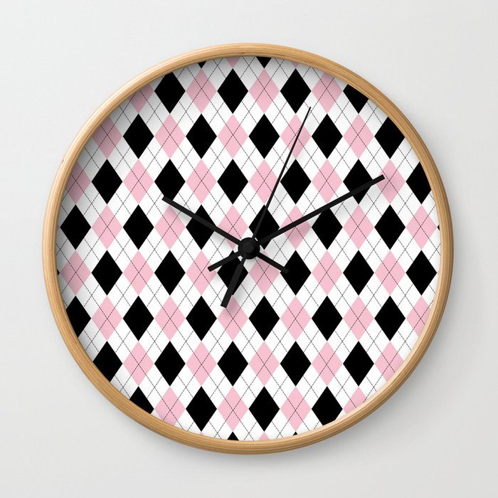 Pink, Black, White Argyle Pattern Wall Clock