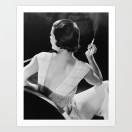 The Girl Who Knew Too Much; Jazz Age Flapper smoking a cigarette in the parlor black and white photograph - photography - photographs Art Print