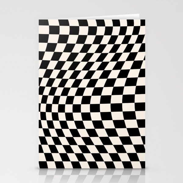 Retro Wavy Checkerboard Black And Cream White Stationery Cards