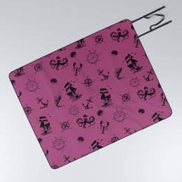 Magenta And Black Silhouettes Of Vintage Nautical Pattern Picnic Blanket