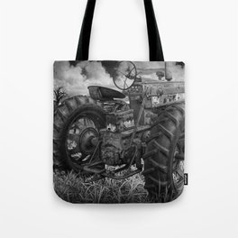 Abandoned Old Farmall Tractor in Black and White Tote Bag