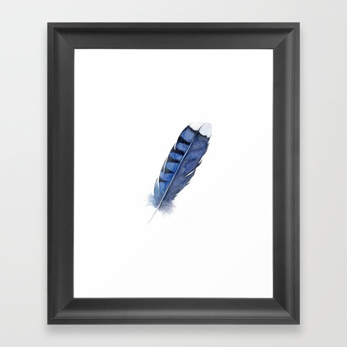 Blue Jay Feather , Blue Feather, Watercolor Feather, Watercolor painting by Suisai Genki Framed Art Print