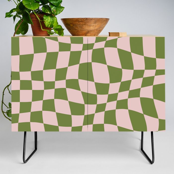 Warped Checkered Pattern (pink/olive green) Credenza