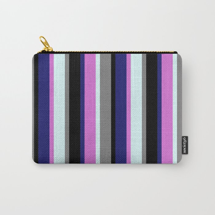 Eye-catching Midnight Blue, Orchid, Light Cyan, Gray, and Black Colored Stripes/Lines Pattern Carry-All Pouch