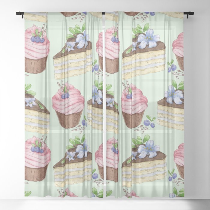 Watercolor texture with blueberries cupcakes and a piece of vanilla cake Sheer Curtain