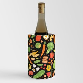 Seamless pattern with dietary food, wholesome grocery products, natural organic fruits, berries and vegetables on black background. Hand drawn realistic vintage illustration Wine Chiller