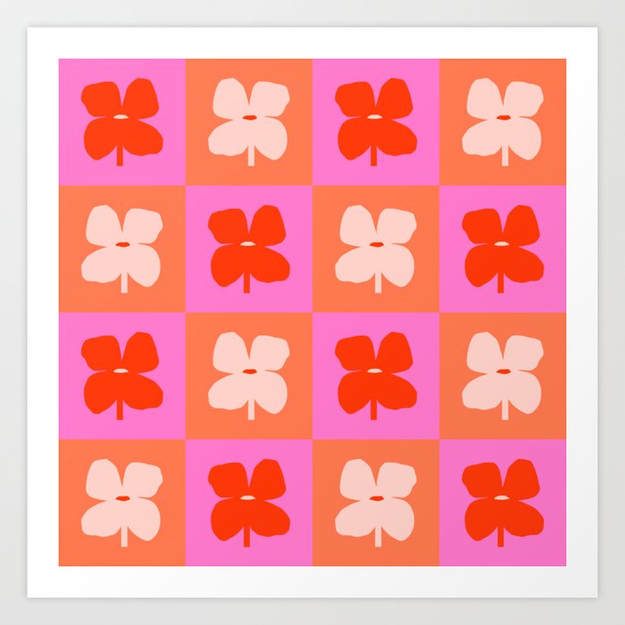 Retro Tropical Checkered Floral Pattern Art Print
