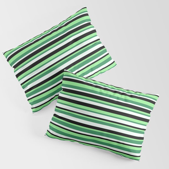 Light Green, Sea Green, Mint Cream & Black Colored Pattern of Stripes Pillow Sham