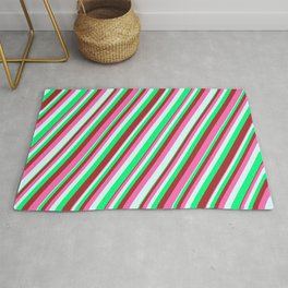 [ Thumbnail: Green, Brown, Hot Pink & Light Cyan Colored Striped Pattern Rug ]