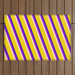[ Thumbnail: Vibrant Green, Blue, Dark Violet, Bisque & Yellow Colored Striped Pattern Outdoor Rug ]