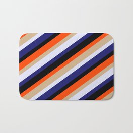 [ Thumbnail: Eyecatching Red, Tan, Lavender, Midnight Blue, and Black Colored Lines/Stripes Pattern Bath Mat ]
