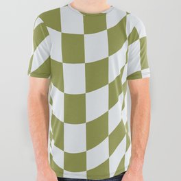 Warped Checkerboard Pattern in Olive Green & White All Over Graphic Tee