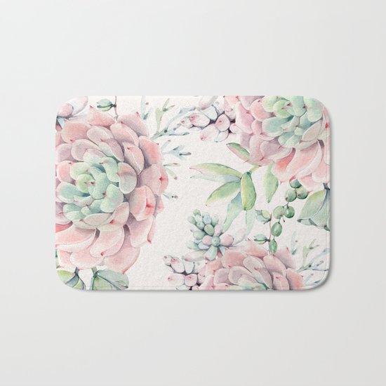 Pink Succulents on Cream Bath Mat