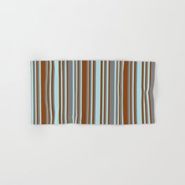 [ Thumbnail: Brown, Powder Blue & Grey Colored Stripes/Lines Pattern Hand & Bath Towel ]